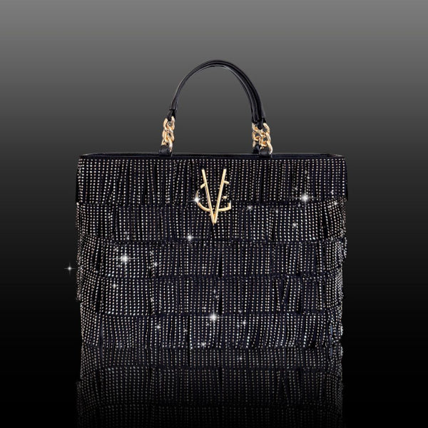 VG STARRY SKY - Borsa a mano grande nera e frange in cristalli